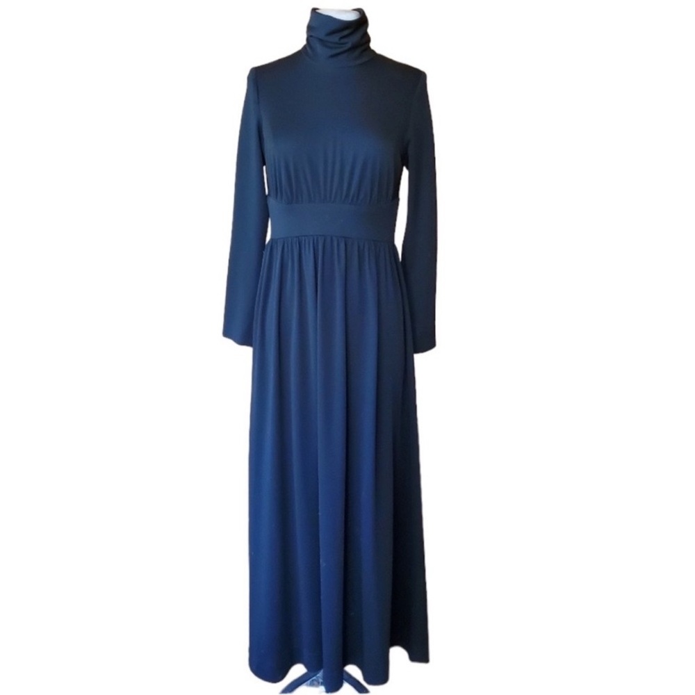 1970s Alison Ayres Black Polyester Maxi Dress